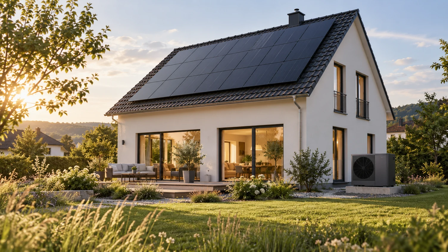 Illustration eines Wohnhauses mit Photovoltaik und Wärmepumpe